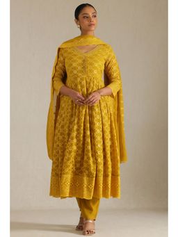 Soch - Womens Mustard Georgette Embroidered Anarkali with Pant and Dupatta (Set of 3)