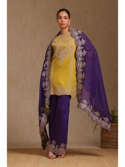 Soch - Womens Mustard Chanderi Botanical Print Kurta and Palazzo with Dupatta (Set of 3)