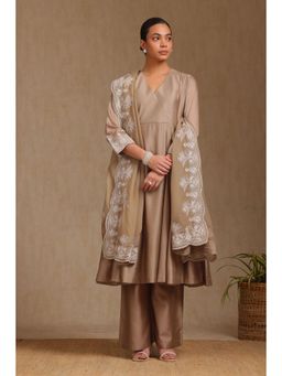 Soch - Womens Beige Silk Blend Solid Kurta with Palazzo and Dupatta (Set of 3)