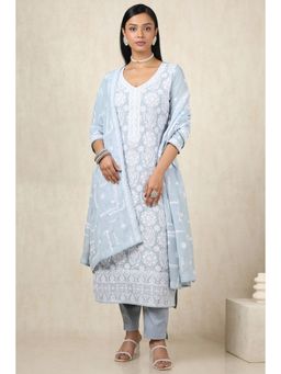 Soch - Womens Powder Blue Organza Embroidered Kurta with Pant and Dupatta (Set of 3)