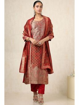 Soch - Womens Maroon Dola Silk Paisley Print Kurta with Pant and Dupatta (Set of 3)