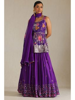Soch - Womens Purple Floral Kurti with Unstitched Sleeves Lehenga and Dupatta (Set of 4)