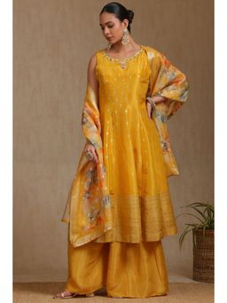 Soch - Womens Mustard Embroidered Kurta with Unstitched Sleeves Palazzo & Dupatta (Set of 4)