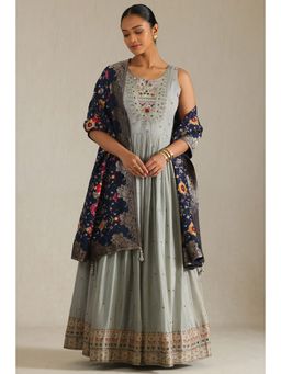 Soch - Womens Grey Embroidered Anarkali with Unstitched Sleeves Churidar and Dupatta (Set of 4)
