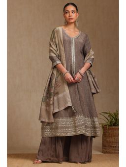 Soch - Womens Grey Chinon Embroidered Kurta with Palazzo and Dupatta (Set of 3)