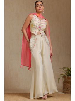 Soch - Womens Cream Chinon Top with Unstitched Sleeves Palazzo and Dupatta (Set of 4)