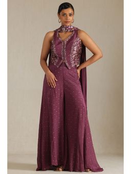 Soch - Womens Purple Chinon Top with Unstitched Sleeves Palazzo and Dupatta (Set of 4)