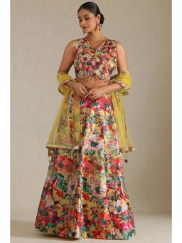 Soch - Womens Silk Blend Floral Print Blouse with Lehenga and Dupatta (Set of 3)