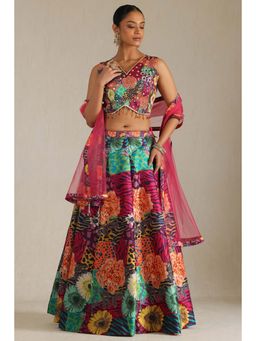 Soch - Womens Silk Blend Floral Blouse with Unstitched Sleeves Lehenga and Dupatta (Set of 4)