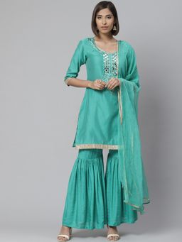 Readiprint - Turquoise Chanderi Silk Unstitched Dress Material (Set of 3)