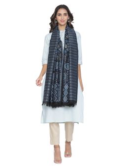 Shingora - Wool Blend Floral Fringed Border Blue Shawl for Women