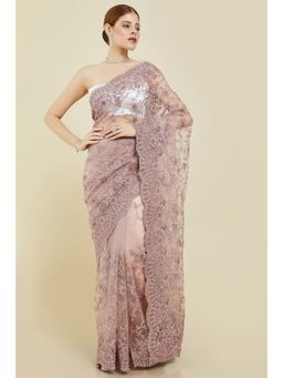 Soch - Women Purple Net Embroidered Saree with Unstitched Blouse