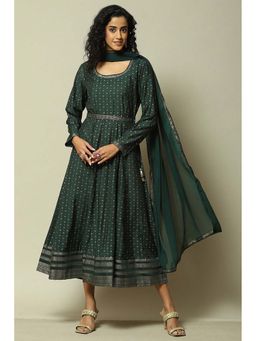 Rangriti - Green Printed Midi Dress and Dupatta (Set of 2)