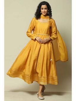 Rangriti - Yellow Printed Midi Dress and Dupatta (Set of 2)
