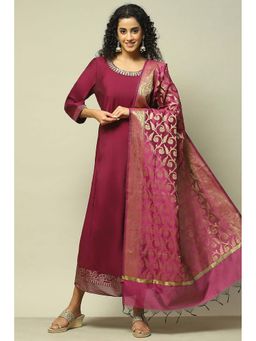 Rangriti - Maroon Solid Maxi Dress and Dupatta (Set of 2)