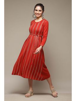 Rangriti - Rust Printed Midi Dress and Belt (Set of 2)