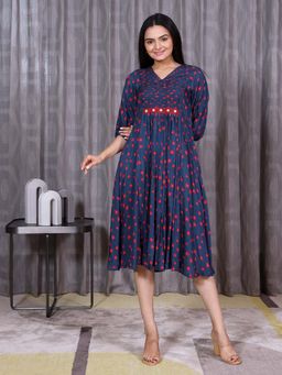 Sukruti Design - Blue Floral Knee Length Dress