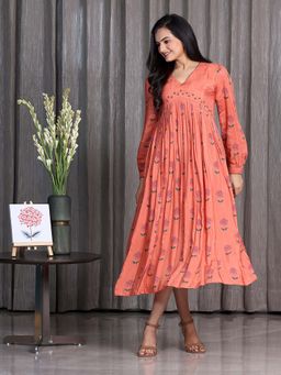Sukruti Design - Coral Floral Midi Dress