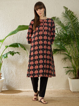 Indo Era - Women Linen Black Floral Straight Fit Kurta