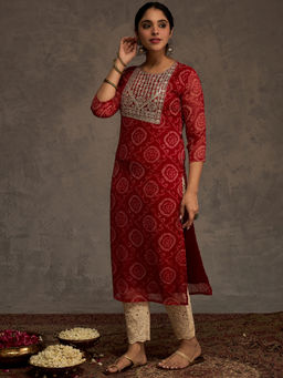 Indo Era - Womens Georgette Red Embroidered Straight Fit Kurta