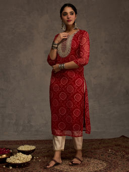 Indo Era - Women Georgette Red Embroidered Straight Fit Kurta