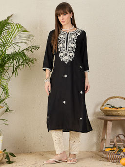 Indo Era - Womens Viscose Rayon Black Embroidered Straight Fit Kurta