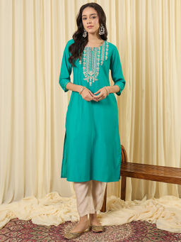 Indo Era - Women Silk Blue Embroidered Straight Fit Kurta