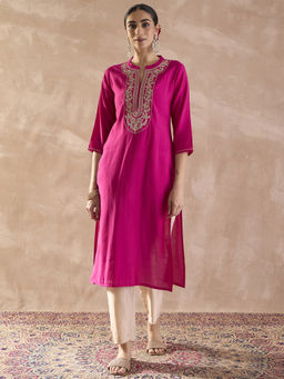 Indo Era - Women Silk Pink Embroidered Straight Fit Kurta