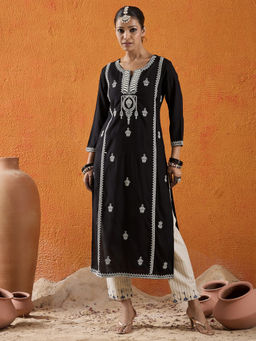 Indo Era - Women's Viscose Rayon Black Embroidered Straight Fit Kurta