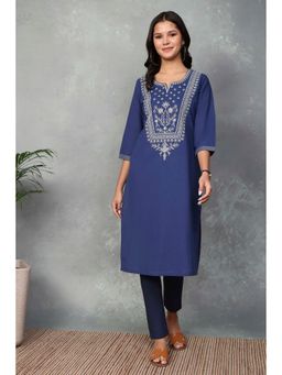 Rangriti - Women Cotton Straight Blue Kurta