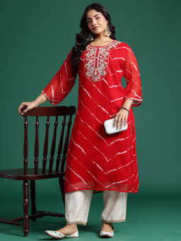 Indo Era - Georgette Red Embroidered Straight Fit Kurta