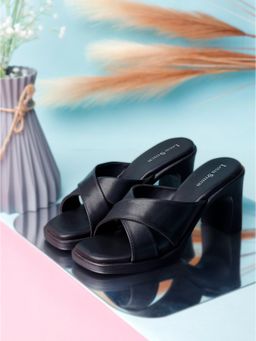 Louis Stitch - Women Cross Strap Lightweight Black Block Sandal Heels