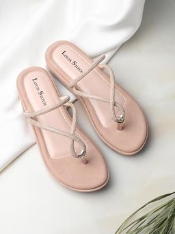 Louis Stitch - Women Peach Pink Slip-On Platform T-Strap Lightweight Sandals