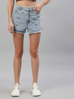 KASSUALLY - Light Blue Body Fit Mid Rise Butterfly Embroidered Shorts