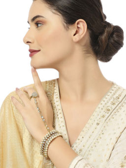 OOMPH - Gold Tone Hathphool Hathpanja Bracelet with Ring Pearl and Kundan