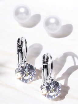 OOMPH - Combo Of 2 White Pearl and Silver Crown Cubic Zirconia Ear Stud and Drop Earrings