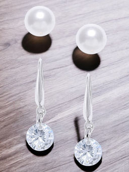 OOMPH - Combo Of 2 White Pearl and Silver Delicate Ear Stud and Drop Earrings