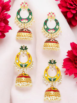 OOMPH - Combo Of 2 Green and Yellow Meenakari Enamel Floral Chandbali Earrings