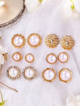OOMPH - Combo Of 6 Gold Tone White Pearl Ear Office-Wear Fashion Stud Earrings