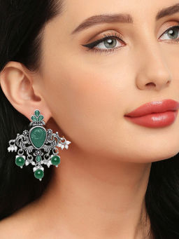OOMPH - Oxidised Silver Green Stone with Beads Ethnic Drop Earrings