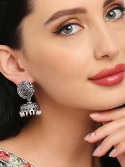 OOMPH - Oxidised Silver Maroon Stone with Beads Ethnic Jhumka Earrings