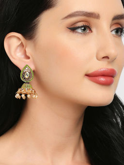 OOMPH - Mint Green Meenakari Kundan and Pearls Ethnic Jhumka Earrings