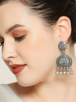 OOMPH - Oxidised Silver Peacock Design Ethnic Drop Earrings