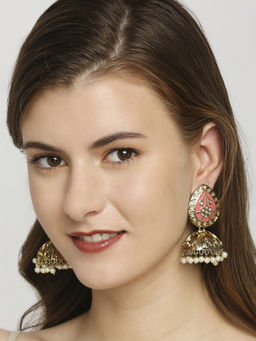 OOMPH - Pink White Meenakari and Kundan Ethnic Jhumka Earrings