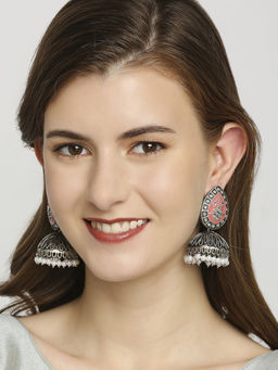 OOMPH - Oxidised Silver Pink White Meenakari and Kundan Jhumka Earrings