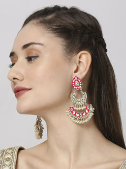 OOMPH - Rani Pink Meenakari Enamel Kundan Chandbali Drop Earrings