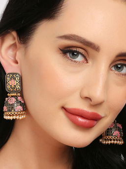 OOMPH - Pink Meenakari Enamel Kundan Floral Jhumka Earrings
