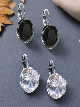 OOMPH - Combo Of 2 Silver Tone Oval Black and White Cubic Zirconia Drop Earrings