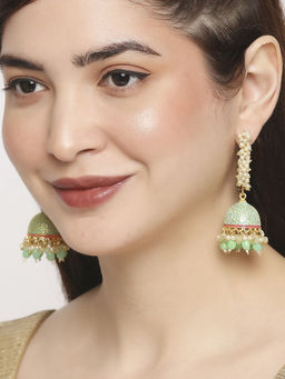 OOMPH - Green Meenakari and Pearls Jhumka Earrings