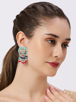 OOMPH - Peacock Design Kundan and Beads Mint Green and Pink Meenakari Drop Earrings